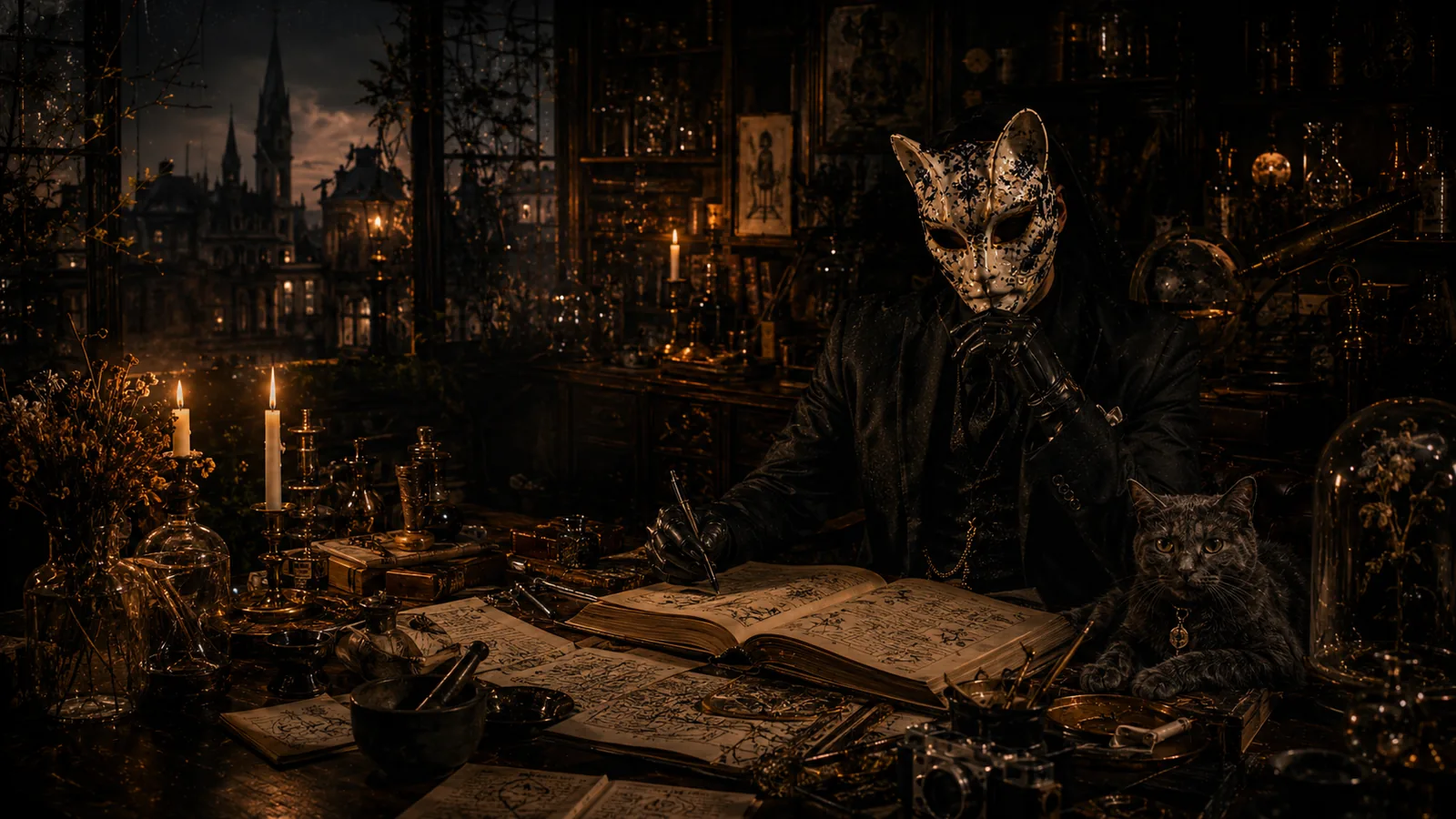 Intérieur sombre du cabinet Maudimi, livres, objets et lumière basse