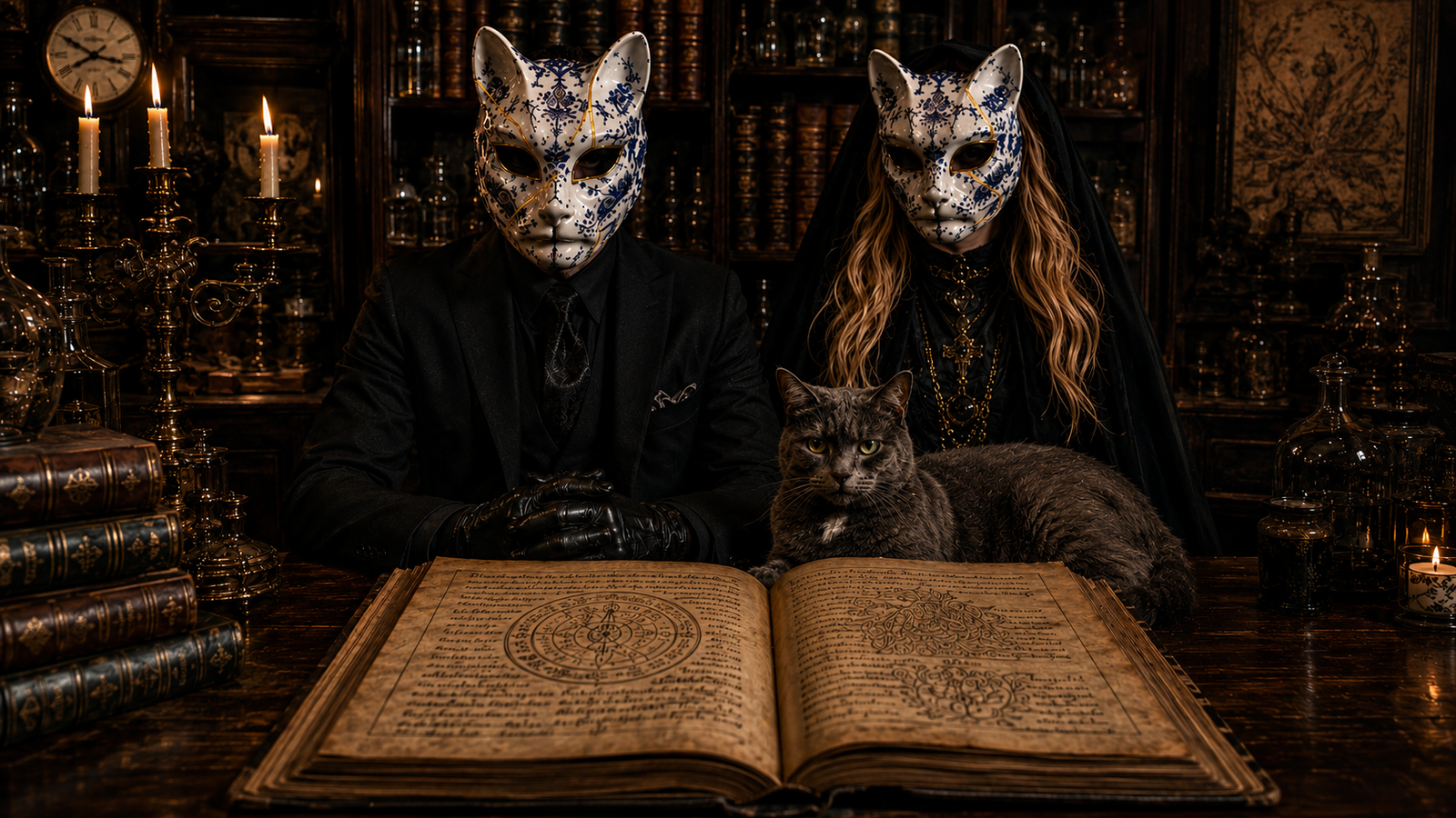 Interieur editorial sombre avec livre ouvert, Sethi et figures masquees.